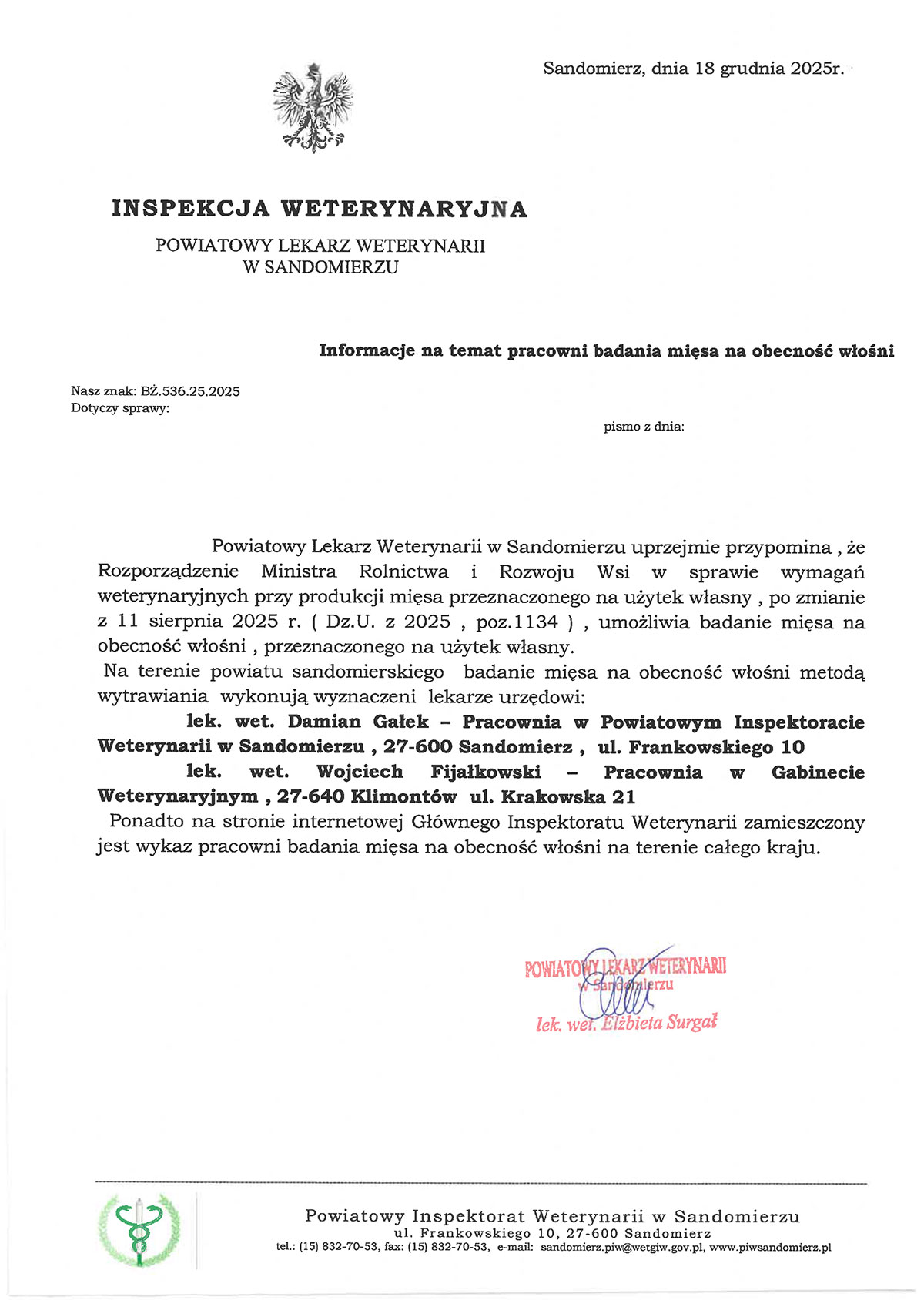 Pracownie badania mięsa na obecność włośni na terenie powiatu sandomierskiego